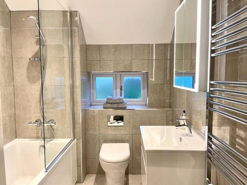 a bathroom with a toilet and a sink and a shower at Lion Cottage, Broadway in Broadway