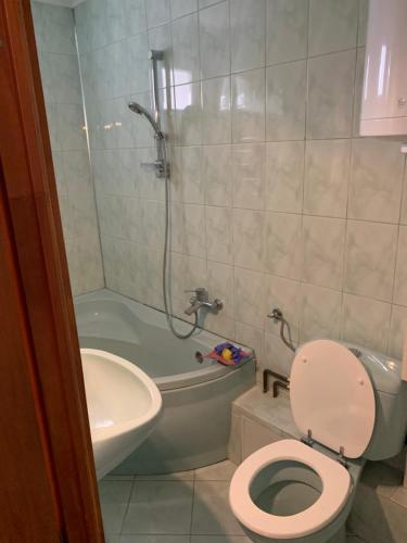un bagno con WC, lavandino e doccia di Sara House a Târgu-Mureş