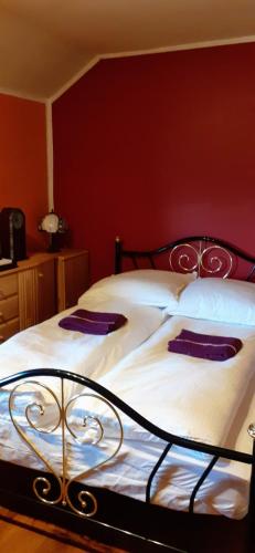 two beds in a bedroom with red walls at Altes Bahnerhaus 