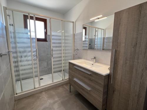 y baño con ducha, lavabo y espejo. en Résidence du Moulin Girard, en Jard-sur-Mer