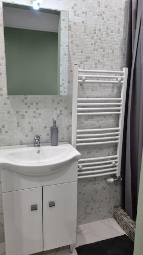 a bathroom with a white sink and a shower at Belvárosi Pihenőház in Békéscsaba
