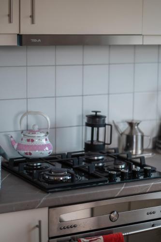 a stove top with a tea pot on top of it at Ioanna's Hellenic Hospitality in Athens