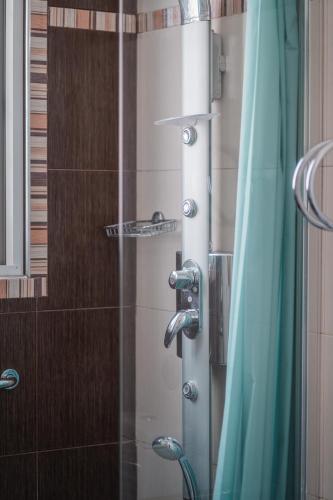a bathroom with a shower with a glass door at Ioanna's Hellenic Hospitality in Athens