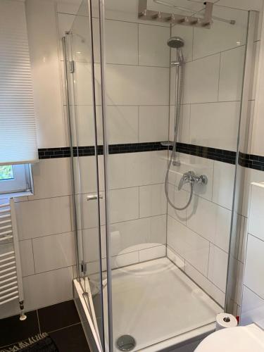 um chuveiro com uma porta de vidro na casa de banho em Apartment Düsseldorf-Süd em Dusseldorf