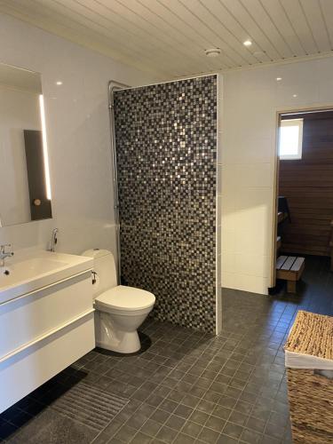 a bathroom with a toilet and a sink and a shower at Stava Mosters in Mariehamn