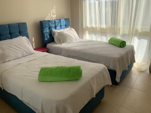 two beds with a green pillow on top of them at Elgouna Hurghada egypt mangroovy in Hurghada