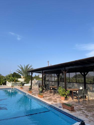 a swimming pool with a picnic table and a pavilion at Club Alda in Lapithos