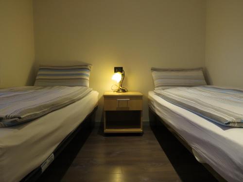 two beds in a room with a lamp on a night stand at Baita Li Selucia in Livigno