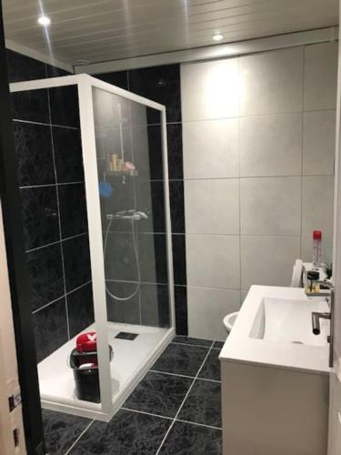 une salle de bain avec douche et lavabo dans l'établissement Appartement (F2) dans le domaine du Capitou Fréjus, à Fréjus