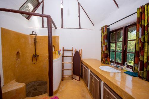 La salle de bains est pourvue d'un lavabo, de toilettes et d'une douche. dans l'établissement Etana Cottage, à Kakamega