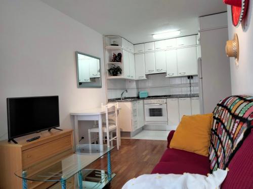 sala de estar con sofá y mesa con TV en Apartamentos Virita Coqueto Apartamento vacacional, próximo a la playa en A Coruña