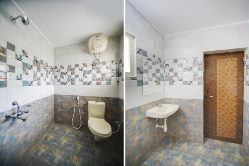two pictures of a bathroom with a toilet and a sink at Hotel Yadvik in Chennai