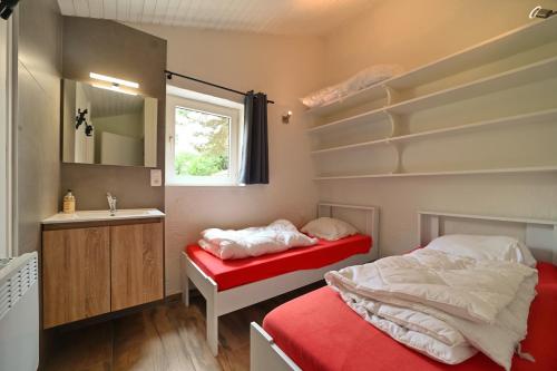 1 Schlafzimmer mit 2 Betten, einem Waschbecken und einem Spiegel in der Unterkunft Rabais 75 in Virton