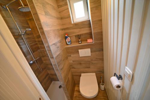 mała łazienka z toaletą i prysznicem w obiekcie Rabais 75 w mieście Virton