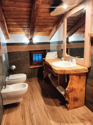 a bathroom with a sink and a toilet and a mirror at Le temps Retrouvé - casa tipica con giardino in Villeneuve