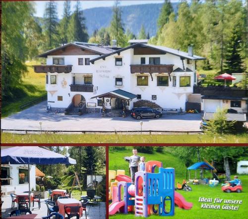 two pictures of a house with a playground and a building at Landgasthaus Appartement Birkegg in Leutasch