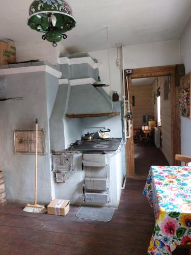 eine Küche mit einem alten Herd in einem Zimmer in der Unterkunft Agroturystyka LipoweWzgórze domek Danusia in Tereszpol