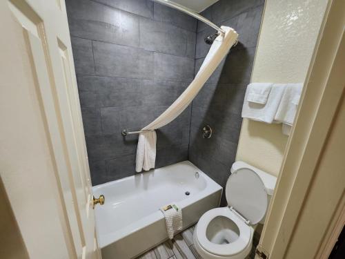 a bathroom with a tub and a toilet and a sink at Green Garden Inn in Greensboro