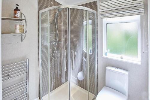 een badkamer met een douche, een toilet en een raam bij Kingfisher Lodge in Felton