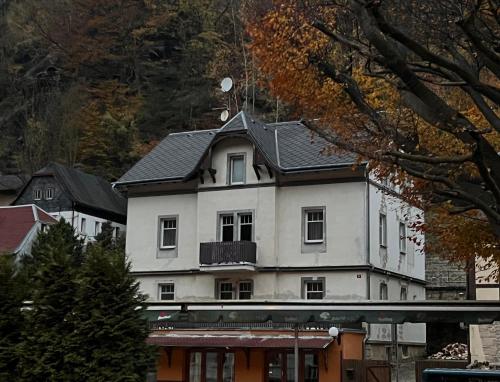 a large white house with a black roof at Hřensko 27 Apartmány in Hřensko