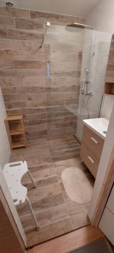 a bathroom with a shower with a chair and a sink at Gites Puy Mary et Puy Griou in Saint-Cernin