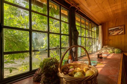 a basket of fruit sitting in front of a window at Chalé da Quinta "Lavoura da Bouça - Fruta Bio" in Celorico de Basto