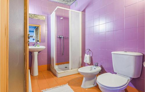 a purple bathroom with a toilet and a sink at Cozy Apartment In Freixo De Espada C With Outdoor Swimming Pool in Freixo de Espada à Cinta