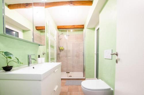 ein Badezimmer mit einem weißen Waschbecken und einer Dusche in der Unterkunft [Bellinzona] Rustico Loft a 5 Stelle con Netflix in Bellinzona