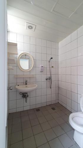 a bathroom with a sink and a mirror and a toilet at Lang Jiao Ya She Homestay in Hengchun