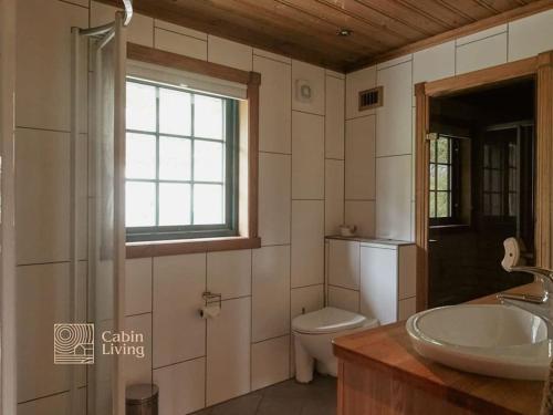 a bathroom with a sink and a toilet and a window at Grand cabin at Nesfjellet with lovely view, inddor Jacuzzi & sauna in Nes i Ådal