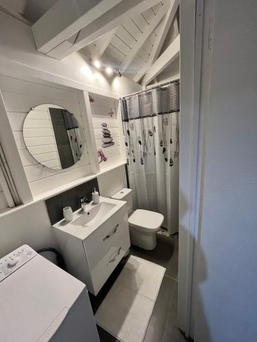 a bathroom with a sink and a toilet and a mirror at Villa doudite in Saint-Claude