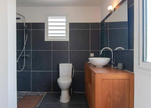 a bathroom with a toilet and a sink at T2 chaleureux & piscine en pleine nature in Petit-Canal