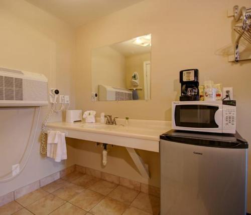 a bathroom with a sink and a microwave on a counter at Wells-Ogunquit Resort Motel & Cottages in Ogunquit