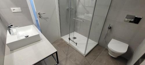 een badkamer met een douche, een toilet en een wastafel bij COZY & MODERN APARTMENT HOMBRE DE PIEDRA in Sevilla