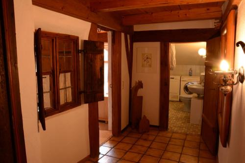a hallway of a bathroom with a toilet and a sink at Beim Dokterer, Fewo ANNO DAZUMAL in Halblech