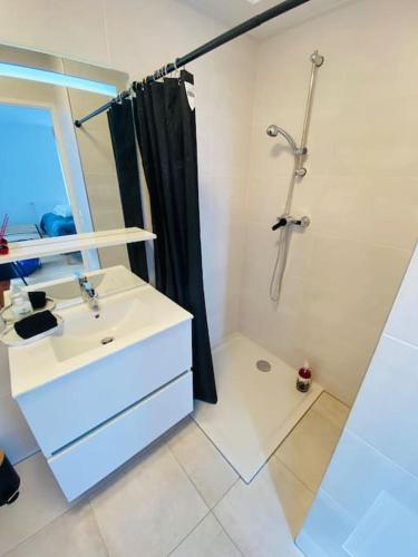 une salle de bain avec un lavabo et une douche avec un miroir dans l'établissement Disneyland Dream 4 - Charmant Appartement 7 pax, à Chessy