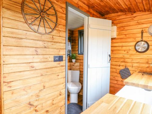 a bathroom with a toilet and a wooden wall at Hideaway Cabin in Exeter