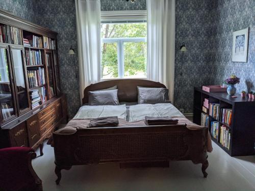 um quarto com uma cama com uma janela e uma estante de livros em Narvan Maatilamajoitus Helenan Kanat ja Kammarit 