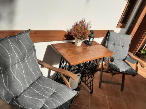デミェンにあるBodza Vendégház - Apartmanházのテーブル、椅子2脚、木製のテーブルと椅子
