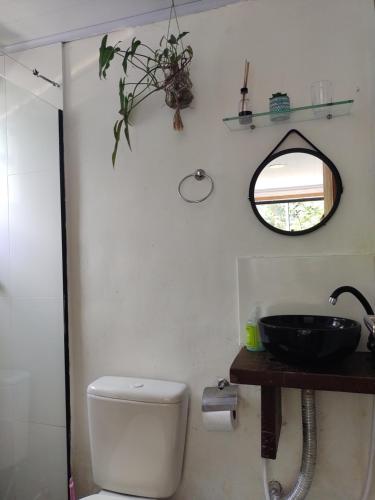 La salle de bains est pourvue de toilettes, d'un lavabo et d'un miroir. dans l'établissement Suites casa do indio jungle, a melhor vista da floresta, à Abraão