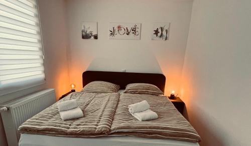 ein Bett in einem Schlafzimmer mit zwei Kissen darauf in der Unterkunft Zentrale beautiful Apartment in Koblenz in Koblenz