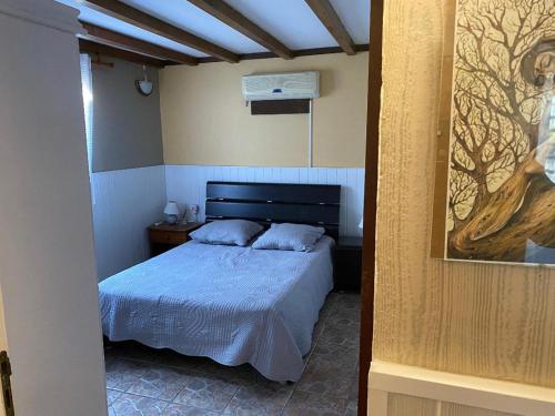 um quarto com uma cama com um edredão azul em charmante maison em Sainte-Marie