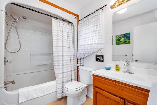 a bathroom with a toilet and a sink and a shower at Cozy Waterfront Cottage, WiFi-Netflix-Dog Friendly in Lanark