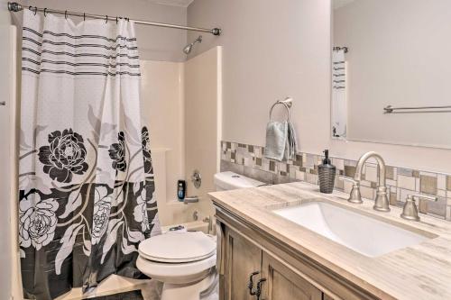 ein Badezimmer mit einem Waschbecken, einem WC und einem Duschvorhang in der Unterkunft Lovely Minneapolis Home Near Target Field! in Minneapolis