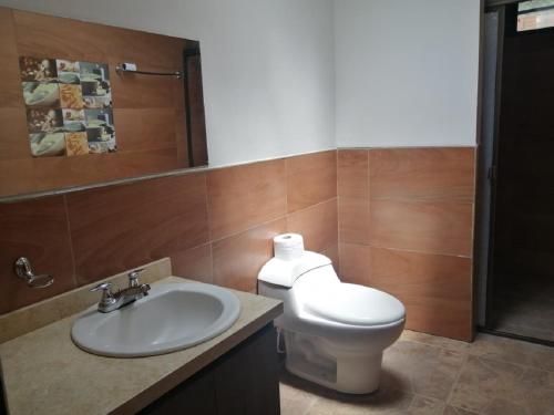 La salle de bains est pourvue de toilettes blanches et d'un lavabo. dans l'établissement Casa Quinta Villa Carolita, à Melgar