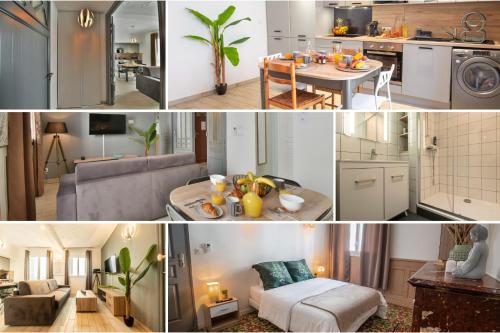 a collage of photos of a kitchen and a living room at Centre Historique -FREE Parking-WIFI-NETFLIX-ZEN&COSY-SLEEPNTRIPBEZIERS in Béziers