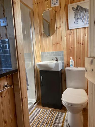 a small bathroom with a toilet and a sink at Beautiful 1 Bed Shepherd Hut in Warwickshire in Warwick