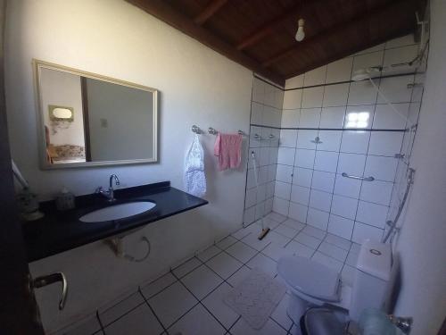 e bagno con servizi igienici, lavandino e doccia. di Cabana na Serra do Itaqueri com fogão a lenha e churrasqueira a Itirapina