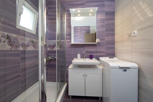 un bagno con lavandino e doccia di Apartmani Nina & Mili a Igrane