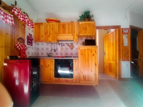 eine Küche mit Holzschränken und einer Mikrowelle in der Unterkunft Faggio Rosso in Filettino